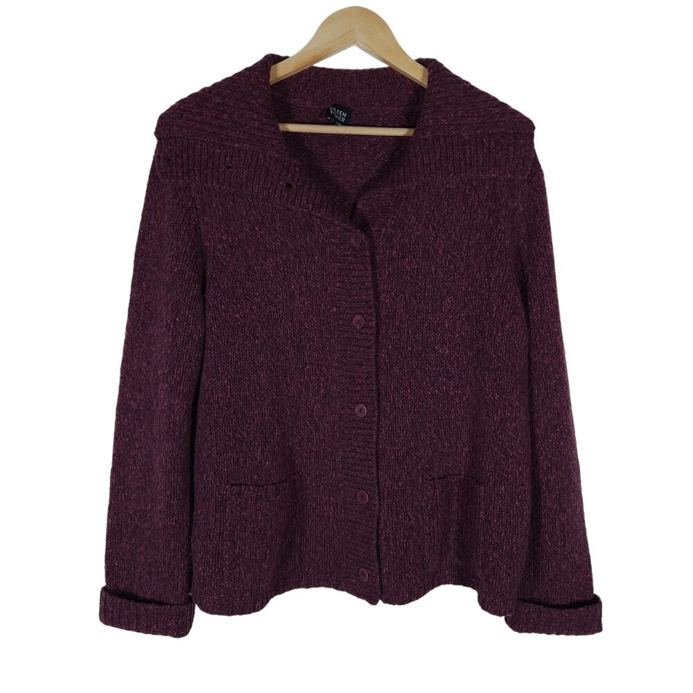 Eileen Fisher Womens Cardigan XL Purple Merino Wool Knit Sweater Chunky Cozycore